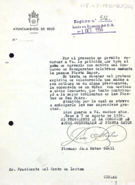 Carta de la Comissió d'actes culturals de la festa major de Reus al president del Centre de Lectura