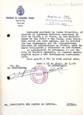 Carta de la Sociedad de Cazadores "Diana" al president del Centre de Lectura