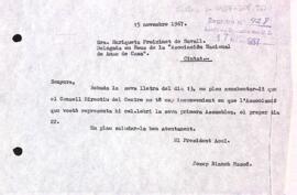 Carta del president accidental a la delegada a Reus de l'Associació Nacional de mestresses de casa