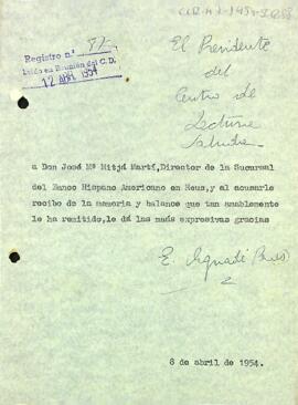 Carta d'agraïment del president al director de la sucursal del Banco Hispano Americano de Reus