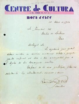 Carta del Centre de Cultura de Móra d'Ebre al Centre de Lectura