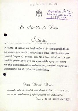 Carta de l'alcalde de Reus al president del Centre de Lectura de Reus