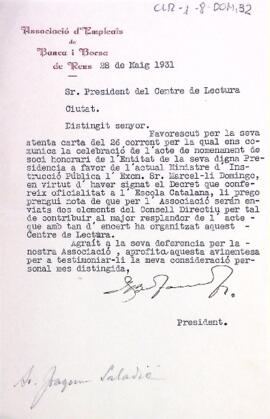 Carta de l'Associacio d'Empleats de Banca i Borsa de Reus agraint la invitació als actes d'homenatge a Marcel·lí Domingo i anunciant dues persones que la representarà