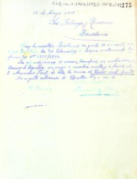 Comunicació del president Pere Cavallé als Srs. Fábregas i Recasens informant que han rebut els dos talonaris de xecs i que agrairien que fessin una transferència a favor d'Arcadi Fort