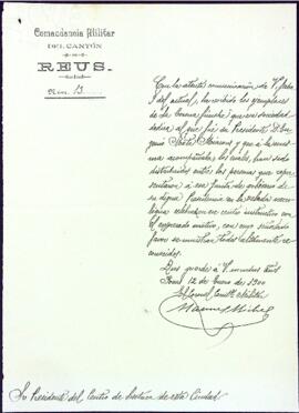 Carta d'agraïment al president del Centre de Lectura de Manuel Michel