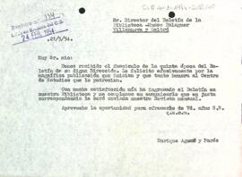 Carta d'agraïment del president al director del Boletín de la Biblioteca Museu Víctor Balaguer