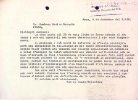 Carta de la junta directiva a Domènech Rovira Marquès amb relació a la seva proposta