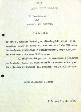 Carta d'agraïment a Antoni Pedrol