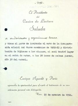 Invitació a la inauguració oficial del Curs acadèmic de 1952-53