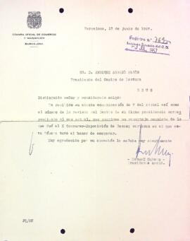 Carta de la Cámara Oficial de Comercio y Navegación de Barcelona