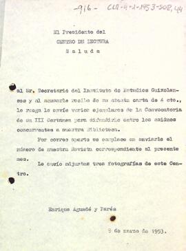Carta del president al secretari de l'Instituto de Estudios Guixolenses