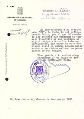 Carta del Govern Civil de Tarragona al Centre de Lectura