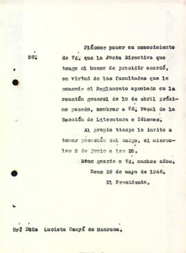 Carta de la Junta Directiva a Lucieta Canyà de Manresa