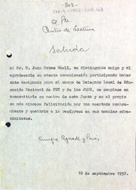 Carta d'Enric Aguadé Parés a Joan  Matas Güell