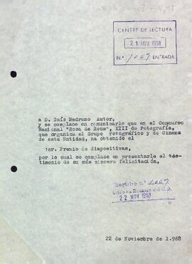 Carta a Luís Medrano comunicant el resultat del Concurs Nacional Rosa de Reus, XIII de Fotografia