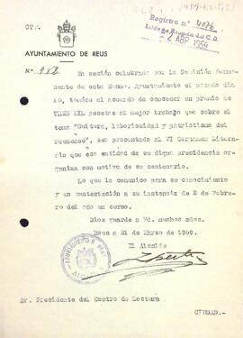 Carta de l'alcalde de Reus al president del Centre de Lectura