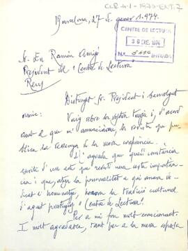 Carta de Joan Alavedra al president del Centre de Lectura