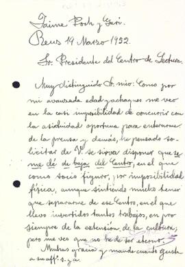 Carta de Jaume Poch i Garí al Centre de Lectura de Reus