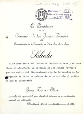 Carta de Ginés Torres Elías al president del Centre de Lectura de Reus