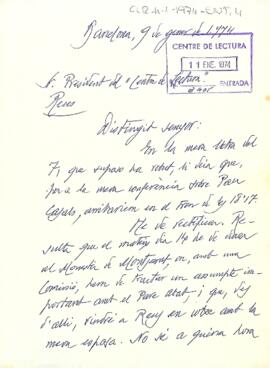 Carta de Joan Alavedra al president del Centre de Lectura