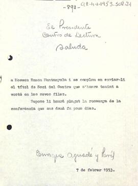 Carta del president a Mn. Ramon Muntanyola