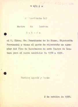 Enviament del pla d'ensenyament del curs 1950/51 al president de la Diputació Provincial de Tarragona