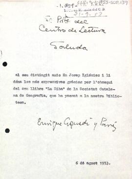 Carta d'agraïment del president a Josep Iglésies