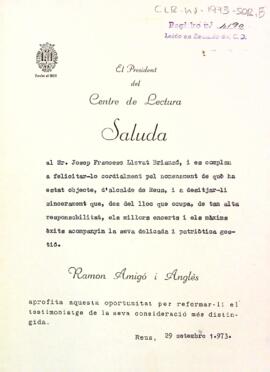 Felicitació del president a Josep Francesc Llevat pel seu recent nomenament com alcalde de Reus