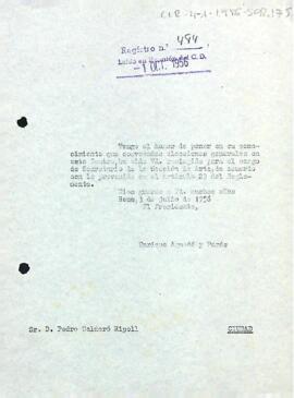 Carta del president Enric Aguadé a Pere Calderó