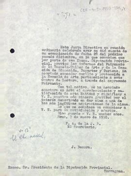 Agraïment a la Diputació Provincial de Tarragona per la protecció concedida a l'Escola d'Art del Centre de Lectura