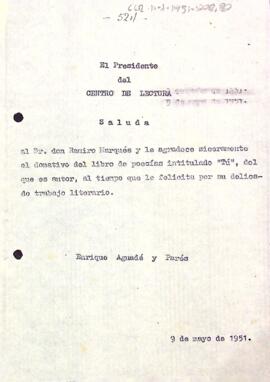 Carta d'agraïment del president a Ramiro Marqués pel donatiu d'un llibre de poesies