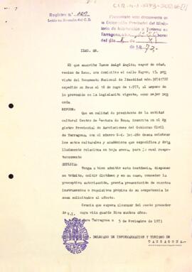 Sol·licitud del president al delegat provincial demanant permís per celebrar una obra de teatre