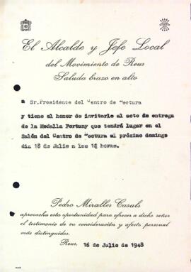 Carta de l'alcalde de Reus al president del Centre de Lectura de Reus