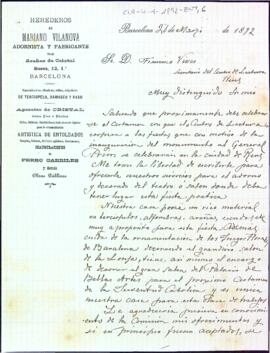Carta comercial dels Herederos de M. Vilanova oferint els seus serveis de decoradors i organitzadors pel proper Certamen literari