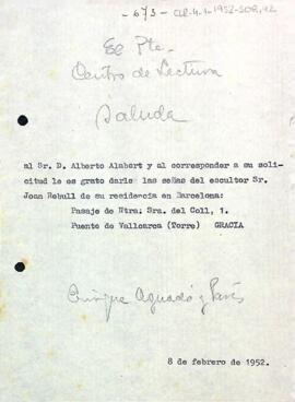 Carta d'Enric Aguadé Parés a Albert Alabert