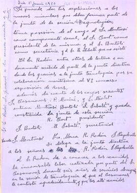 Esborrany de l'acta de l'1 de juny de 1953 de la Secció de Tecnologia