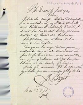 Comunicació de Joaquín Batet al president Evarist Fàbregas anunciant la visita del director del Ministerio de Instrucción Pública y Bellas Artes, Eduardo Vicente