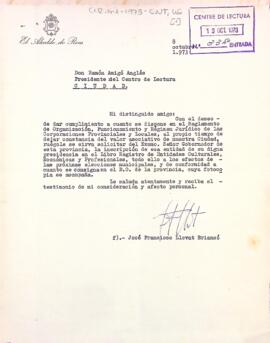 Carta de l'alcalde de Reus a Ramon Amigó Anglès amb relació a la inscripció del Centre de Lectura