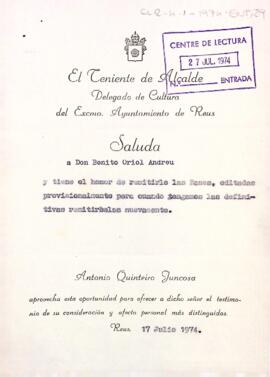 Carta del regidor de cultura de l'Ajuntament de Reus a Benet Oriol enviant les bases editades provisionalment