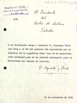 Carta d'agraïment del president a Gaietà Vilella Puig