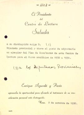 Enviament del pla d'ensenyament del curs 1950/51 als diputats provincials