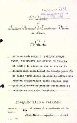 Carta de Joaquim Saura Falomir