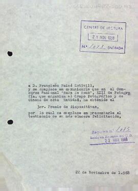 Carta a Francisco Fainé Estivill comunicant el resultat del Concurs Nacional Rosa de Reus, XIII de Fotografia