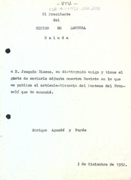 Carta d'Enric Aguadé a Joaquín Blasco