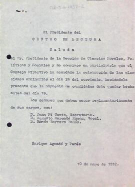 Carta del president del Centre de Lectura a la Secció