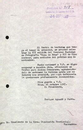 Carta del president a la diputació provincial de Tarragona