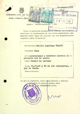 Carta de la delegació provincial al president autoritzant les activitats de gener