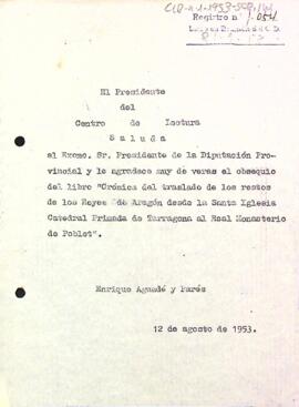 Carta d'agraïment d'Enric Aguadé al president de la Diputació Provincial