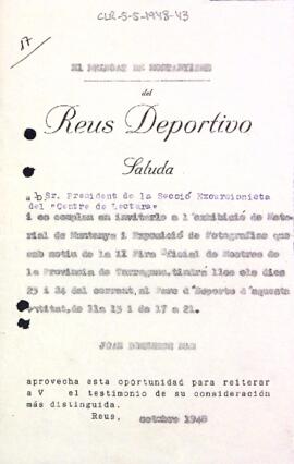Carta del Reus Deportiu a la Secció Excursionista