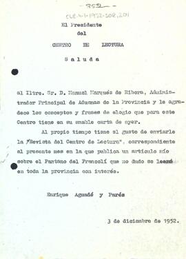 Carta d'Enric Aguadé Parés a Manuel Marqués de Ribera